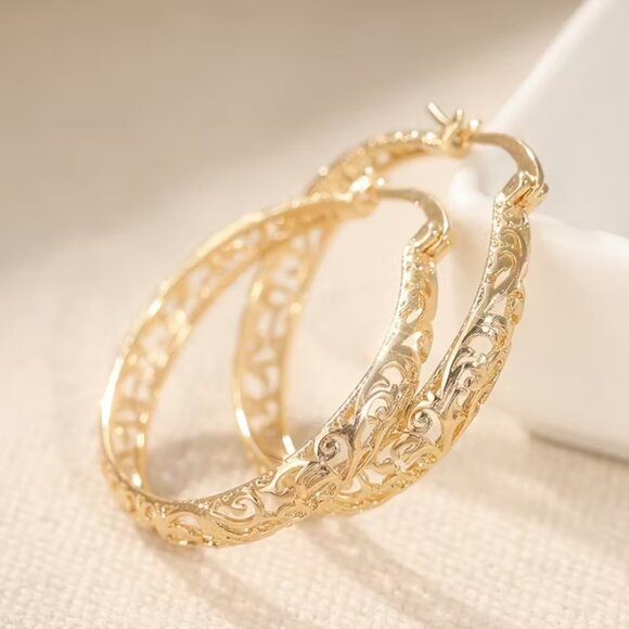 14K Gold Womens 1.25" Large Etched Hoop Earrings Ladies 14K Silver Hoops Jewelry - Picture 1 of 7